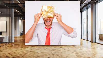 laughing christmas man with gift Wall mural