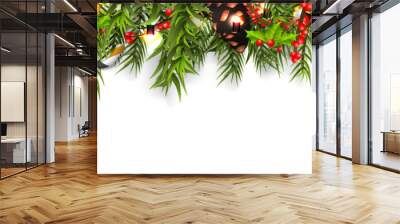 Christmas border with fir branches, pine cones, holly, and string lights. Merry Christmas background with open space for your text. Wall mural