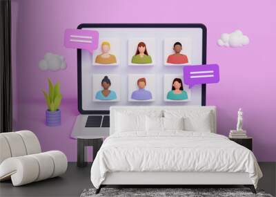 Home video call, online work conference concept. Virtual class, team education. Remote meeting, digital business chat. Group of multiethnic people talking by internet, web chatting, 3d illustration Wall mural