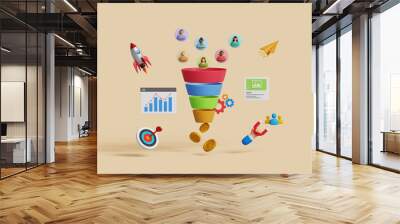 Lead generation, CRO, conversion rate optimization concept. Convert audience into sales. Inbound marketing strategy. 3D marketing funnel attracting audience Wall mural