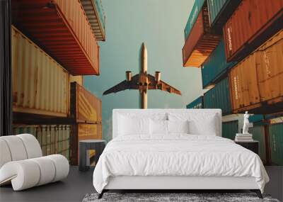 Logistics supply chain management and international goods export concept. Airplane flying above shipping container Wall mural