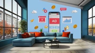 Online advertising on social media. PPC ad campaign. Targeted inbound ad. 3D digital marketing with programmatic social network advertising. Smartphone advertising Wall mural