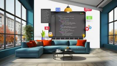 Software development coding process concept. Coding on 3d laptop on white background Wall mural