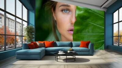 close up: young woman with natural makeup holds a big green leaf on a blurred green background. spa  Wall mural