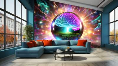 Glaskugel mit futuristischen Gedanken und virtuellen Gehirn Wall mural