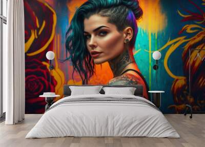 portrait of a beautiful tattooed woman on colorful background Wall mural