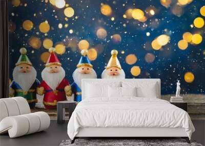 abstract background for three kings day dia de los reyes magos epiphany day holiday celebration night small figures of three wise men on navy blue background with bokeh lights Wall mural