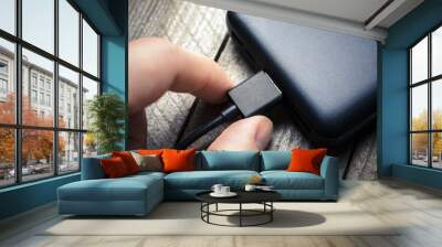 Hand Connectiing USB Cable To Powerbank To Recharge Battery Wall mural