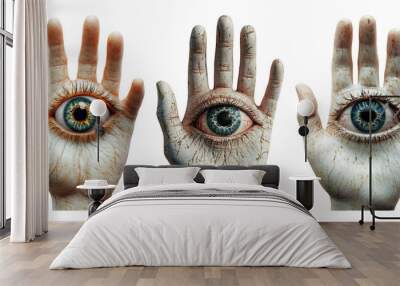 Surreal hands with eyes in palms isolated on transparent background Wall mural