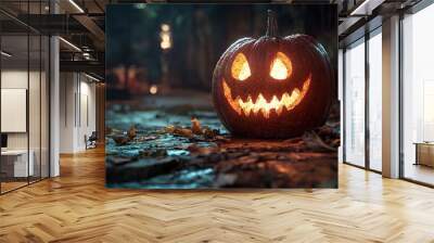 A close-up of a spooky jack-o'-lantern with an evil grin. Wall mural