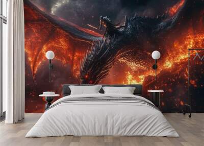 A fierce red dragon with large, fiery wings is shown mid-roar Wall mural