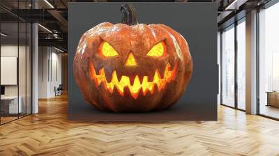 A single lit spooky halloween pumpkins, Jack O Lantern with evil face and eyes isolated against a transparent background. Wall mural