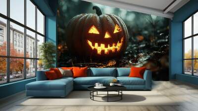 A spooky jack-o'-lantern glowing brightly in a dark forest clearing Wall mural