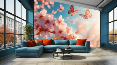 Butterflies and Cherry Blossoms in Spring Wall mural