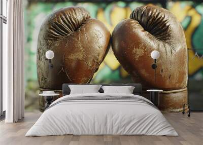 Close up of two brown clashing boxing gloves in fight Wall mural