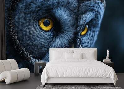 closeup round yellow eyes of great gray owl looking away at dark night Wall mural