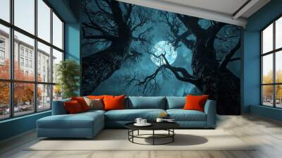 Dark, eerie forest shrouded in mist with a glowing moon, perfect for Halloween-themed designs or spooky storytelling, with copy space. Wall mural