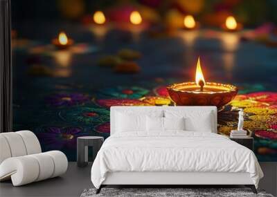 Diwali, Hindu festival of lights celebration. Diya oil lamps against dark background with generative ai Wall mural