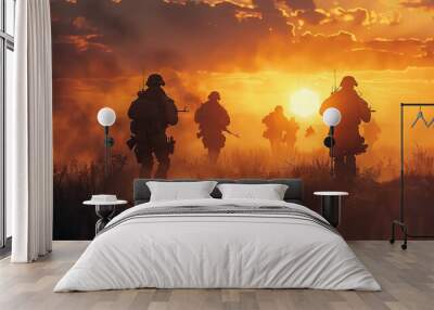 Group of warfare soldiers moving forward. Wall mural