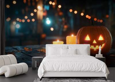 Halloween pumpkin and candles on wooden table Wall mural