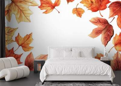 Illustration of fallen autumn leaves, orange, red and maroon isolated on white background, autumn season concept Wall mural