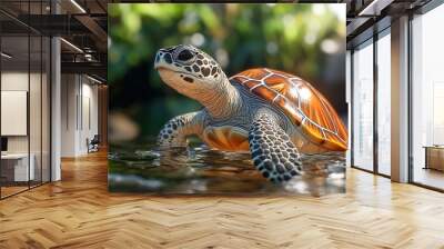 Sea turtle crawling on sandy beach during daylight near lush green vegetation in a tropical location Wall mural