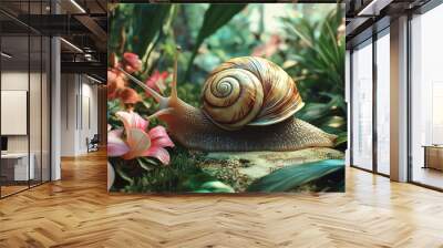 Snail slowly traversing a garden path Wall mural