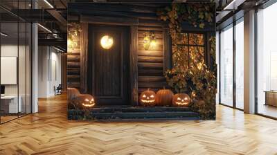 spooky Halloween scene with pumpkins and lights around old house, decorated for holiday Wall mural