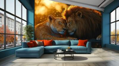 two grown-up female lions playing with each other and roaring in the desert, ultra wide angle lens. clean-photo Wall mural