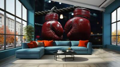 Two red boxing gloves hitting each other. A dark background with a side of yellow lights. The concept of World Boxing Day. Wall mural