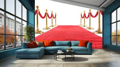 Red rope on golden stanchions with a red carpet on transparent bacakground Wall mural