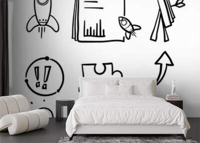 hand drawn Startup line icons. Launch Project, Business report and Target. in doodle drawing style vector Wall mural