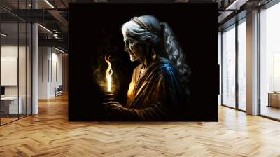 Adult female magician on black background, Generative AI. Mature witch portrait. Female sorcerer hold magic candle. Halloween background. Flame magic background. Wall mural