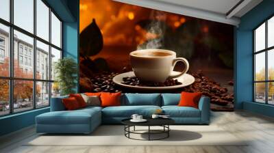 Hot coffee cup and coffee beans on the table. Generative ai illustration of hot coffee in white cup Wall mural