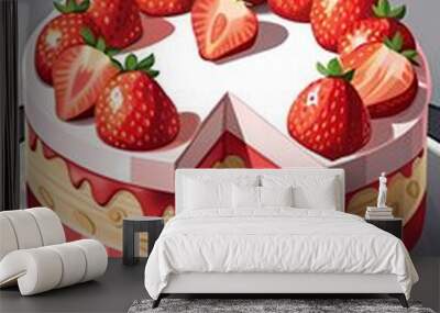 Strawberry Cake with a Slice Removed and Two Mini Cakes Wall mural