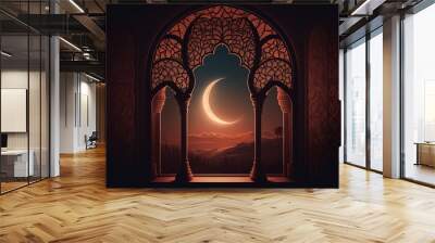 an elegant illustration of a mosque window with the moon in the distance. Use warm colors and intricate patterns to create a balanced and harmonious composition Generative AI Wall mural