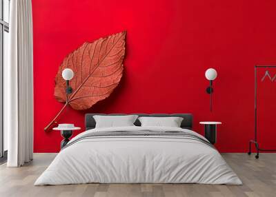 Autumn dried leaf on a red background with copy space Wall mural