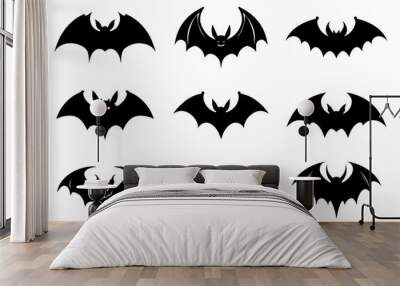 Halloween bat silhouette collection isolated. Spooky black horror bat graphic. Vector illustration Wall mural