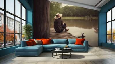 mature woman wearing a hat sitting on the edge of the wooden jetty at a calm lake Wall mural