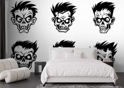 Monochrome illustration of a zombie's head collection. Halloween theme Wall mural