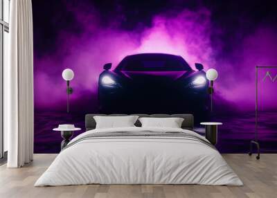 Silhouette front view of a black sports car in a foggy-toned background with glowing purple lights in low light Wall mural