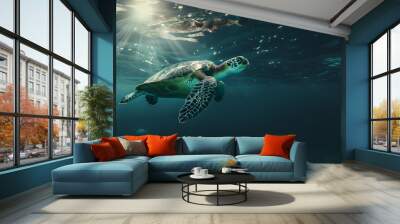 the green sea turtle swimming underwater, clear ocean water seabed, copy space for text Wall mural