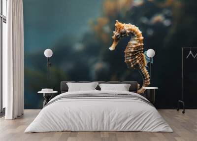 the seahorse swimming underwater, clear ocean water seabed, copy space for text Wall mural