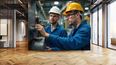 Engineers in hard hats and safety glasses inspecting and operating machinery in an industrial plant.
 Wall mural