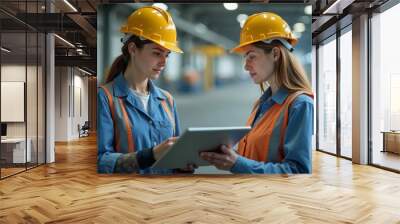 Female construction engineers working together and discussing the project plan.
 Wall mural