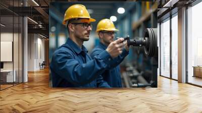 Two engineers in hard hats and safety glasses inspecting and in an industrial plant.
 Wall mural