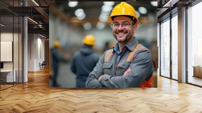 Two HVAC technicians in hard hats and reflective vests standing and smiling at the camera. Wall mural