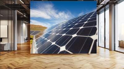 Close up wide angle view of photovoltaic solar panels on an off the grid electricity instalation on a farm in the Karoo outside Touwsrivier in the western cape of south africa Wall mural