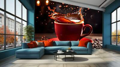 Coffee with splashes in a red cup and coffee beans scattered around it, suitable for a coffee advertisement.  Generative AI Wall mural