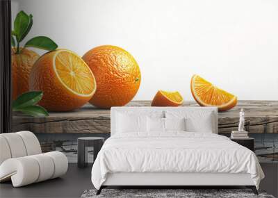 Fresh Oranges fruit on wood table isolated on white, version 2 Wall mural